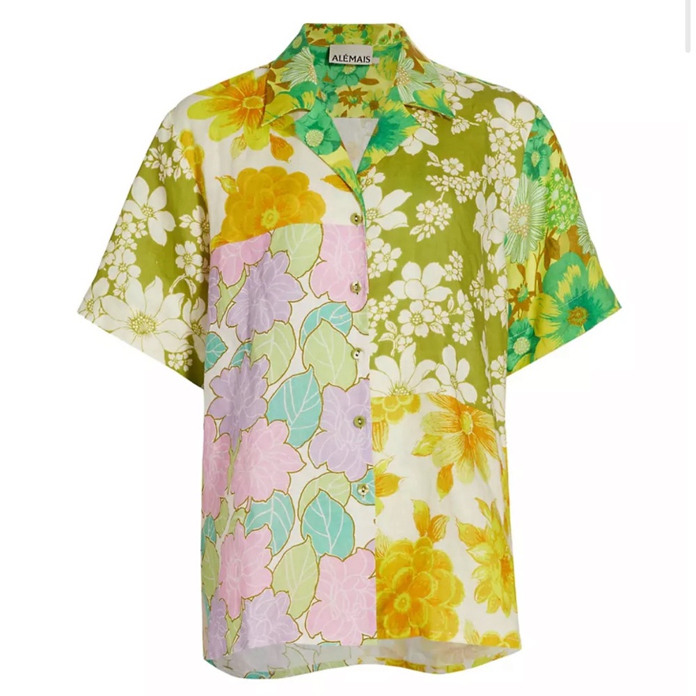 BNW ALEMAIS ELORA PATCHWORK LINEN BUTTON FRONT SHIRT, SIZE 2